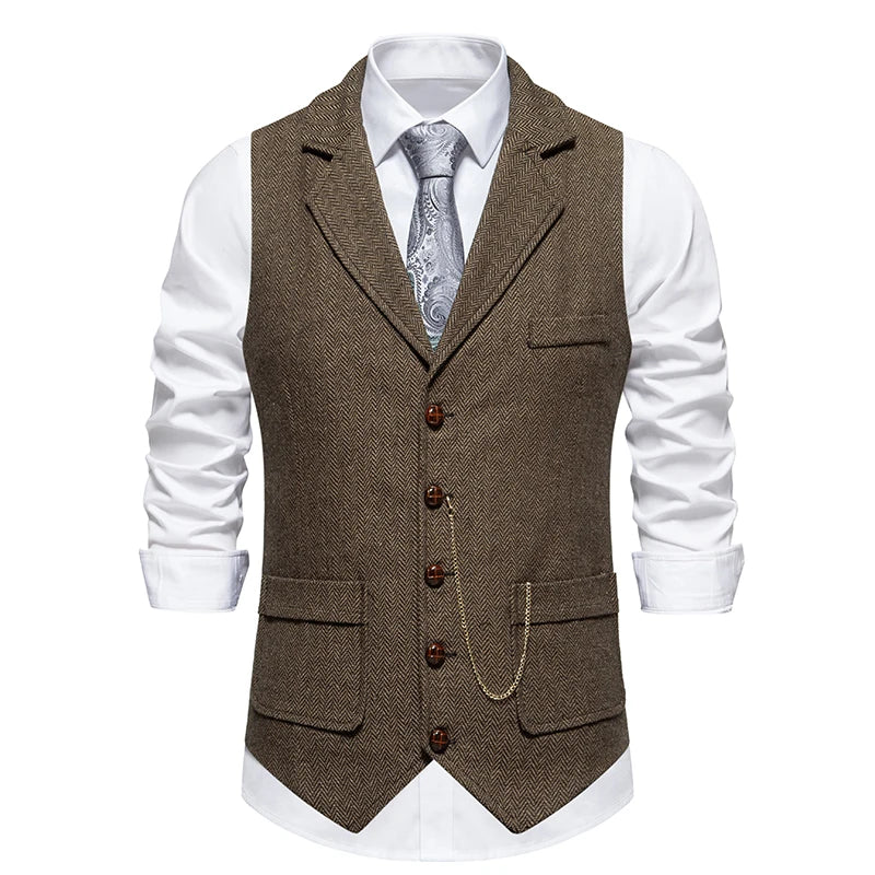 Brown tweed vest over a white shirt with a patterned tie on a white background